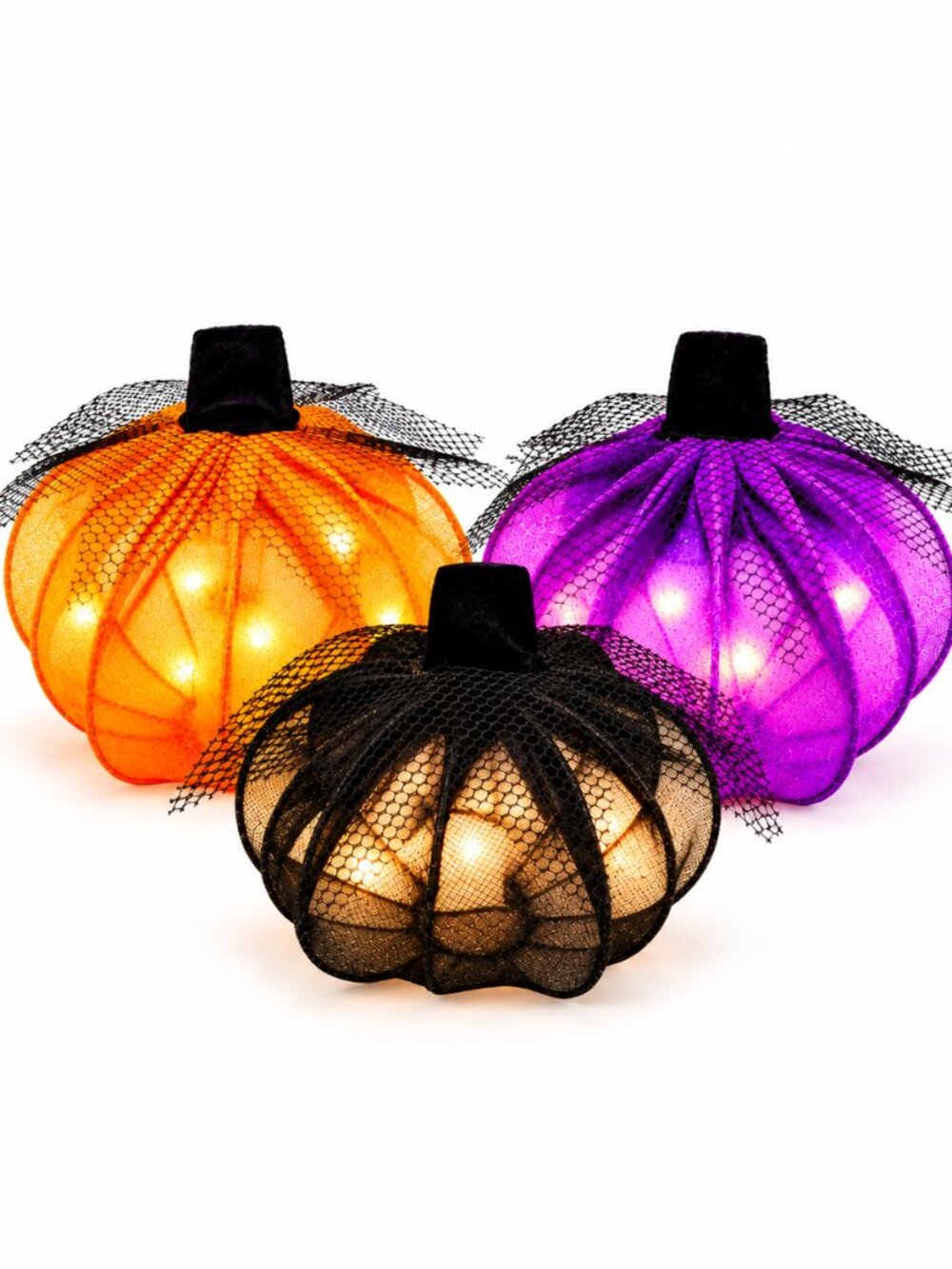 Halloween Lighted Lace Pumpkins 3 Pack Orange Black Purple Tabletop Decor